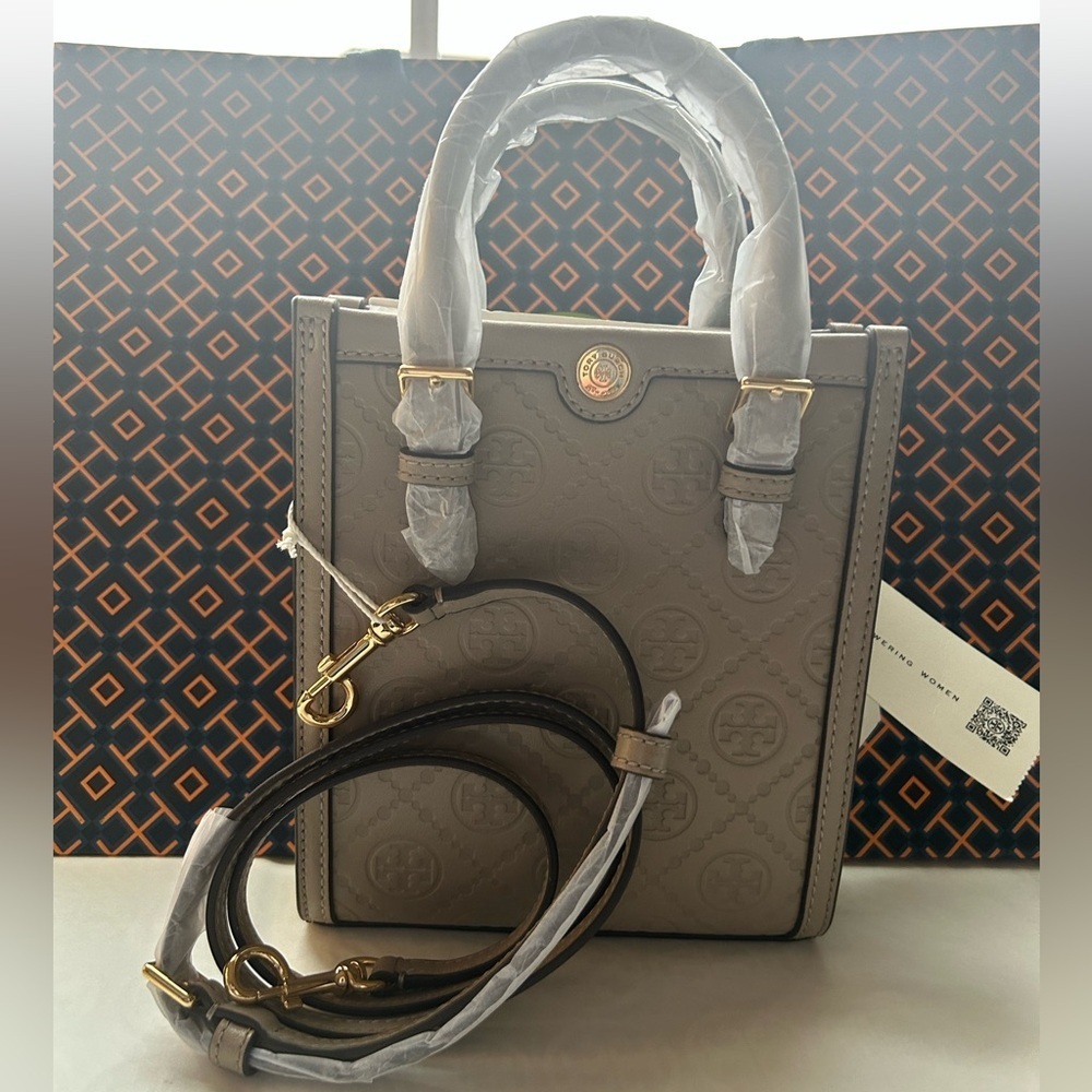 Tory Burch T Monogram Leather Mini Tote Bag Crossbody Bag Fresh Clay Gold Tan